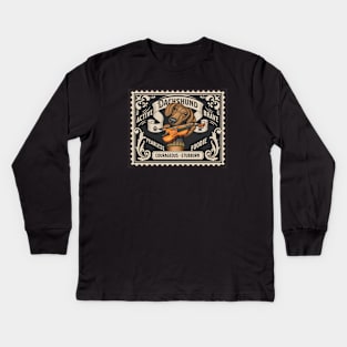 Cute Dachshund playing violin on classic stamp design Kids Long Sleeve T-Shirt